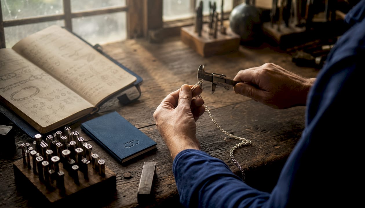 Hands examining sterling silver hallmark stamps