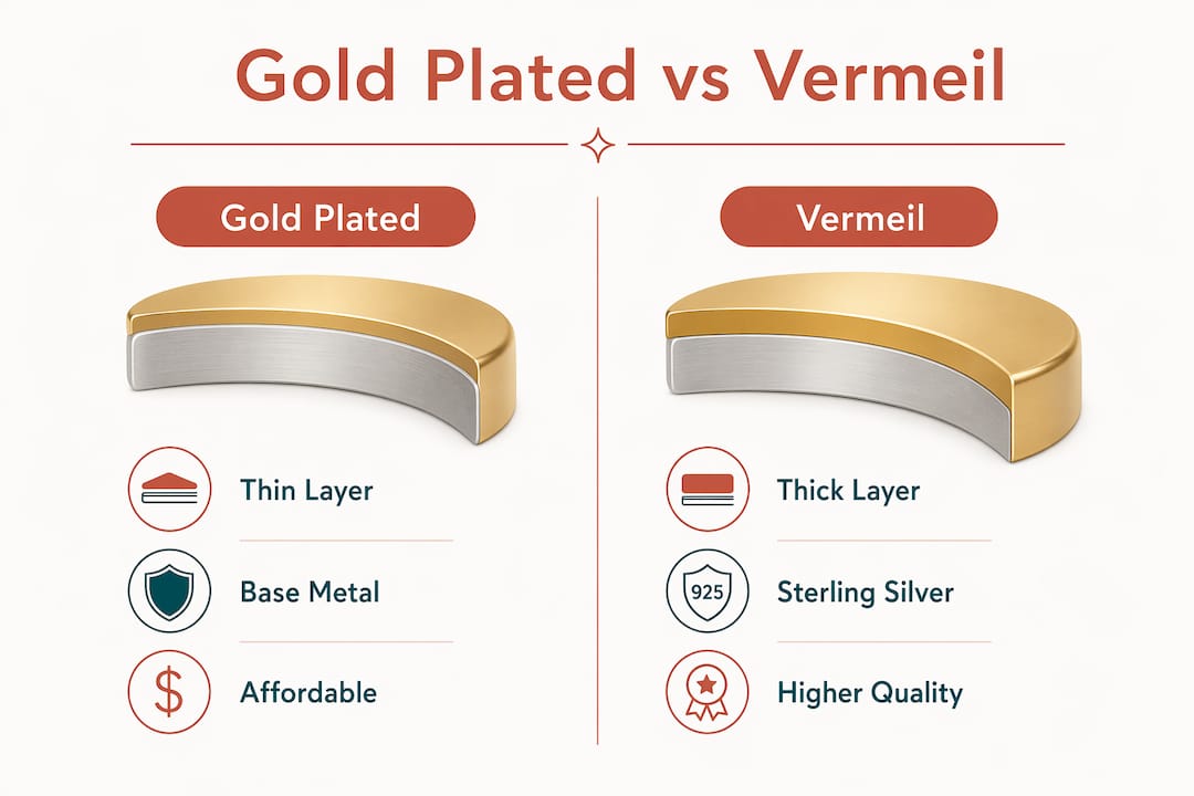 Infographic comparing gold plated and vermeil jewelry attributes