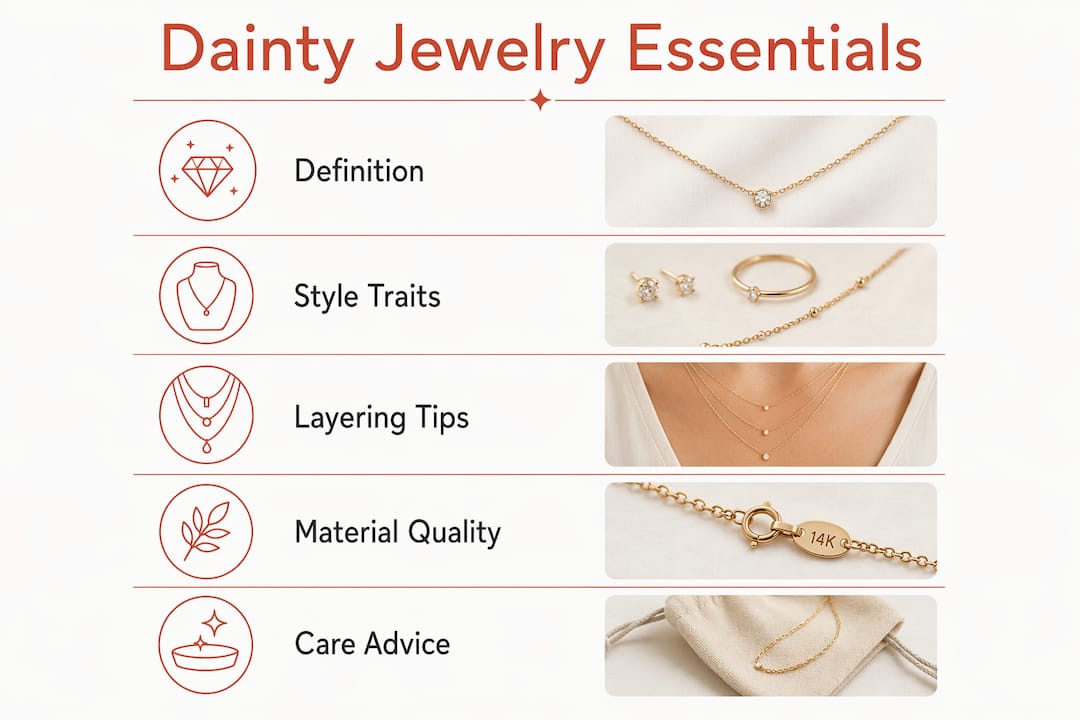 Infographic showing dainty jewelry key points and care tips