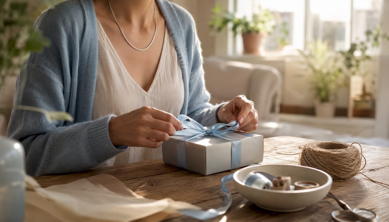 Hands wrapping silver jewellery gift box