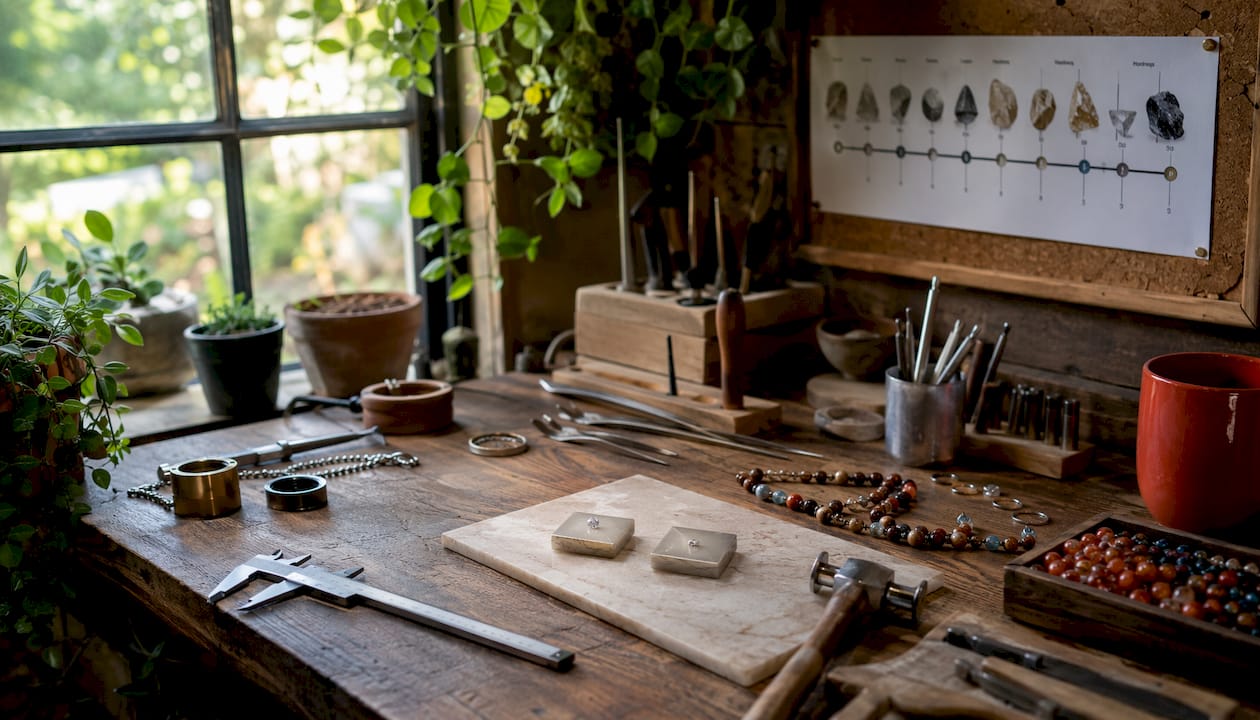 Jeweler's bench showing Mohs hardness scale