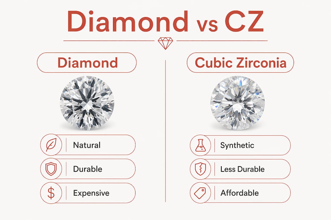 Infographic comparing diamond and cubic zirconia features