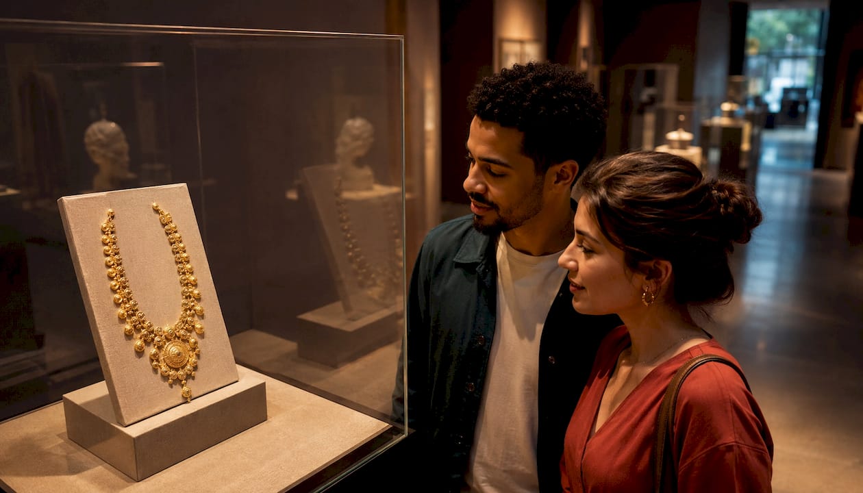 Ancient yellow gold necklace in museum display