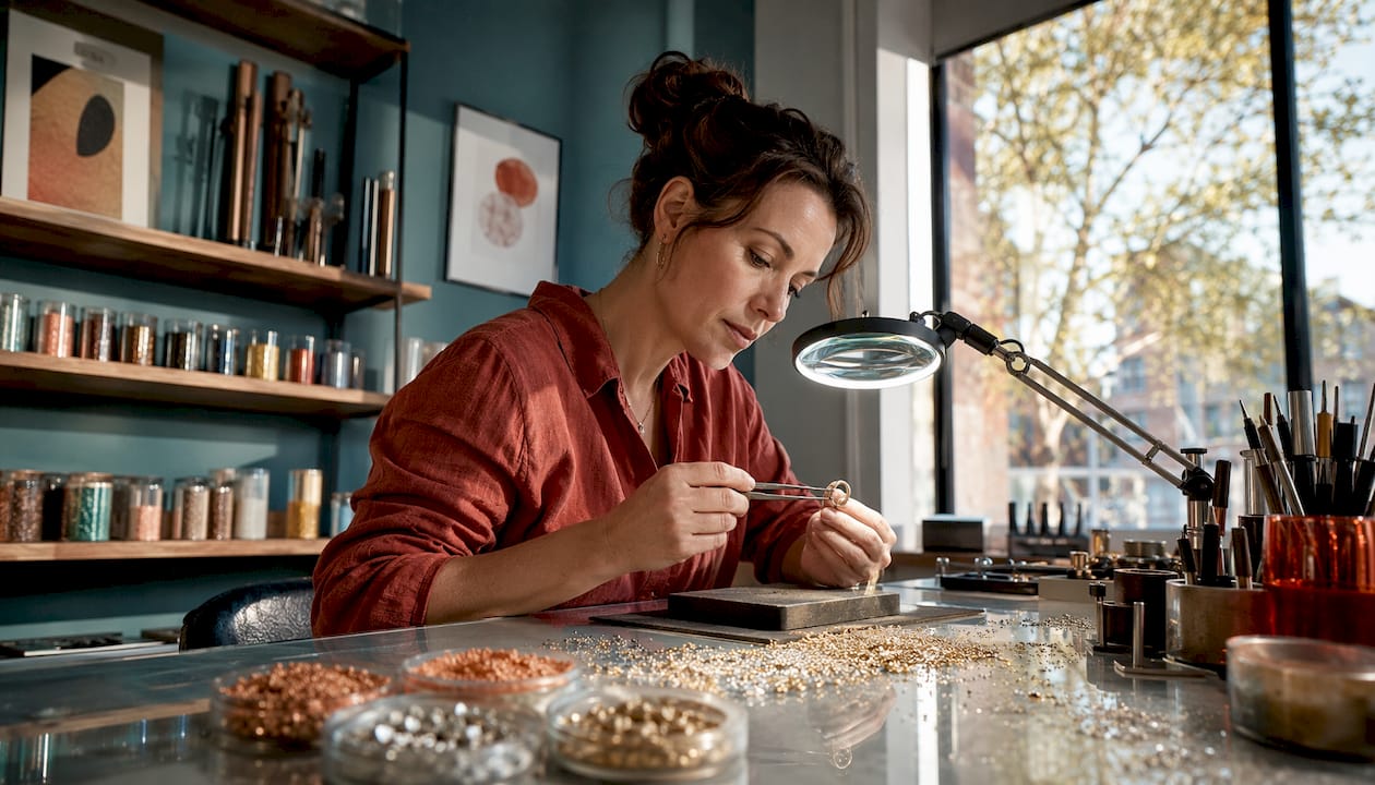 Jeweler inspecting rose gold piece in workshop