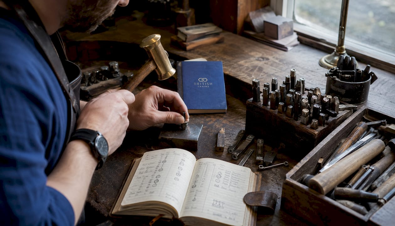 Hallmarking tools on craftsman's wooden table