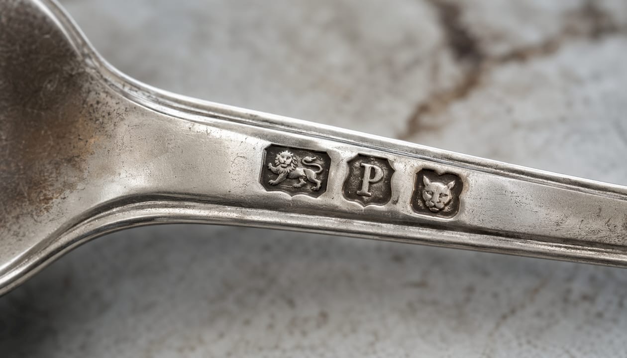 Close-up of British hallmark symbols on silver spoon