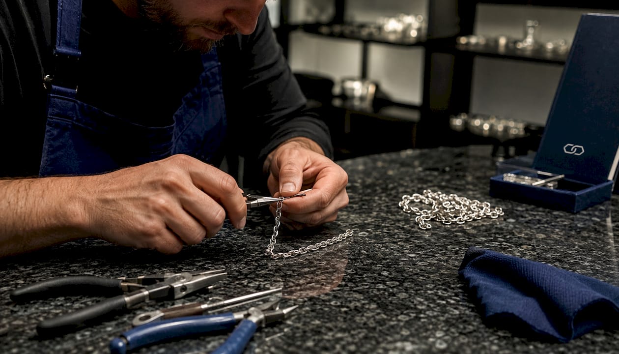Hands crafting sterling silver men's chain