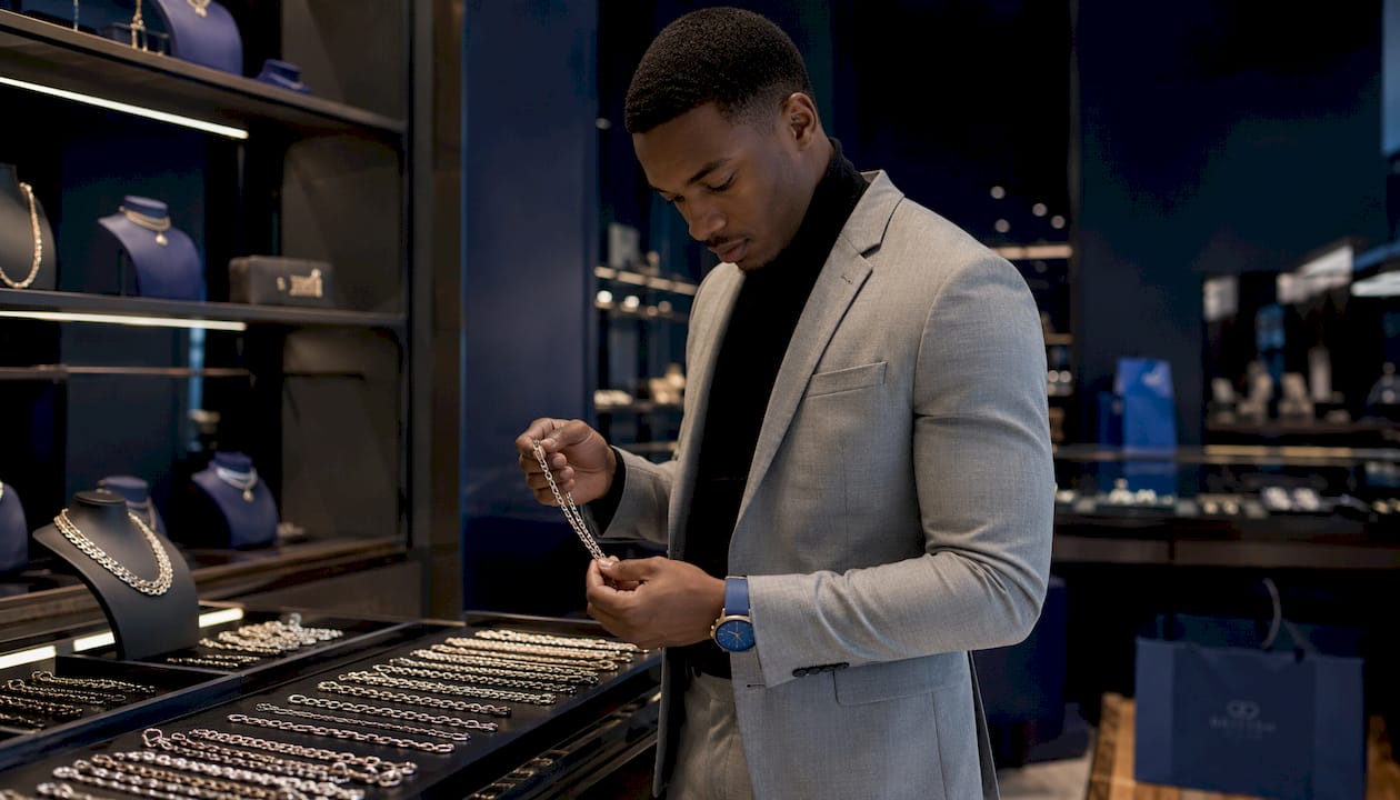 Man inspecting men's chain in jewelry store