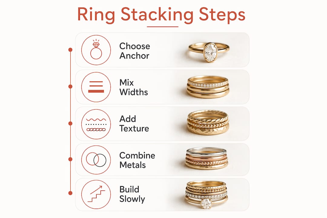 Infographic illustrating ring stacking steps