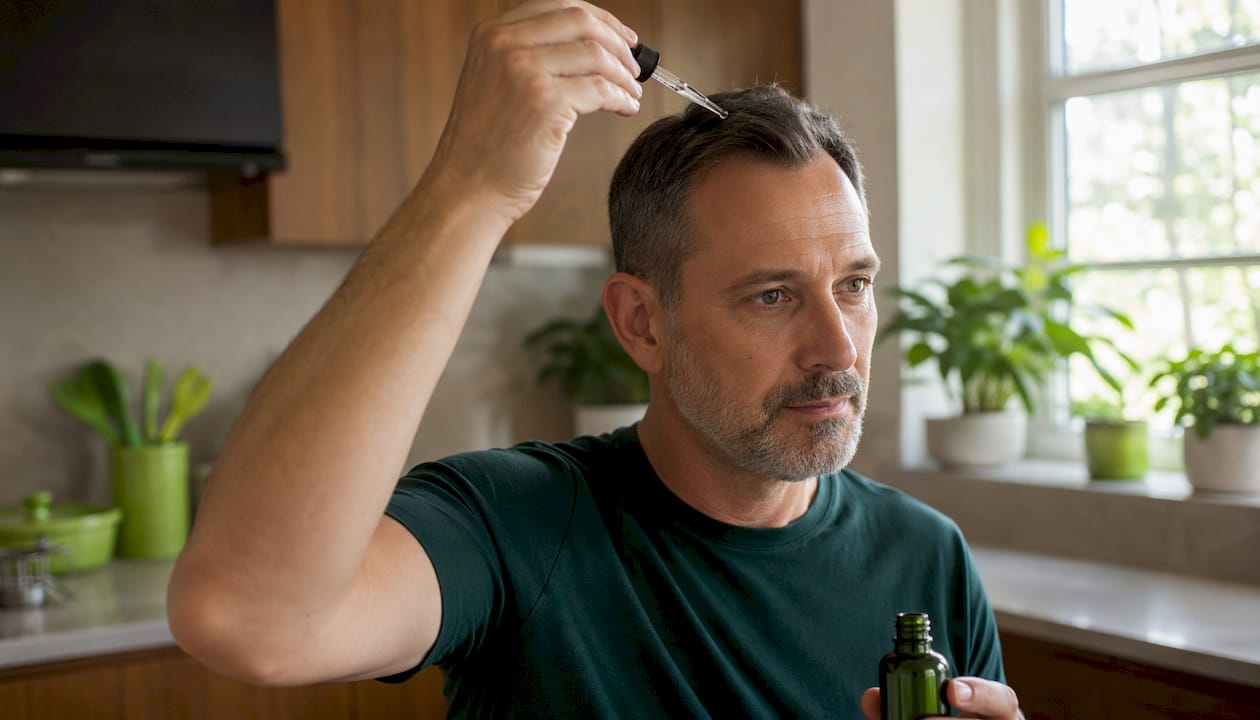 Man applying copper peptide serum to scalp