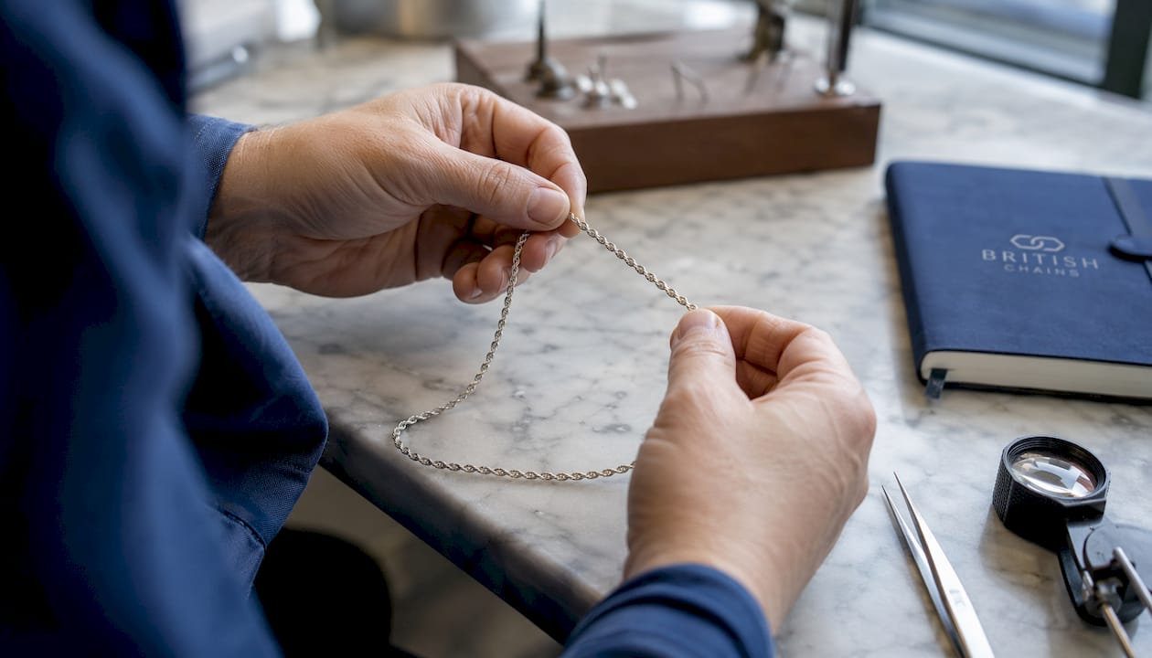 Close-up of hands twisting silver rope chain