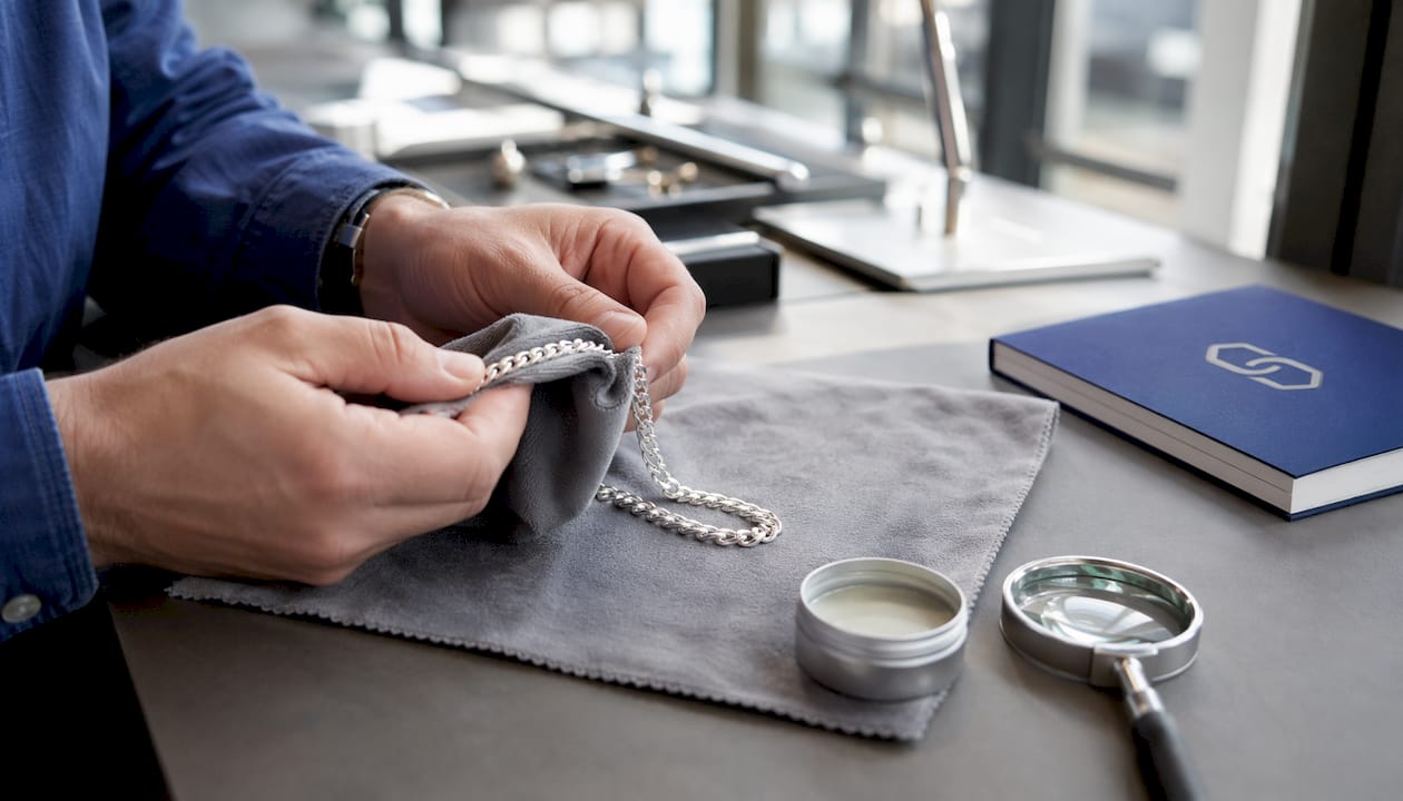 Hands cleaning sterling silver jewellery chain