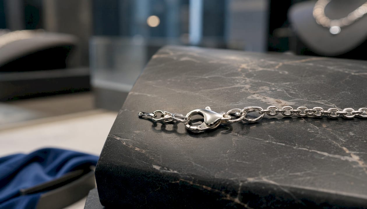 Close-up lobster clasp on sterling silver chain