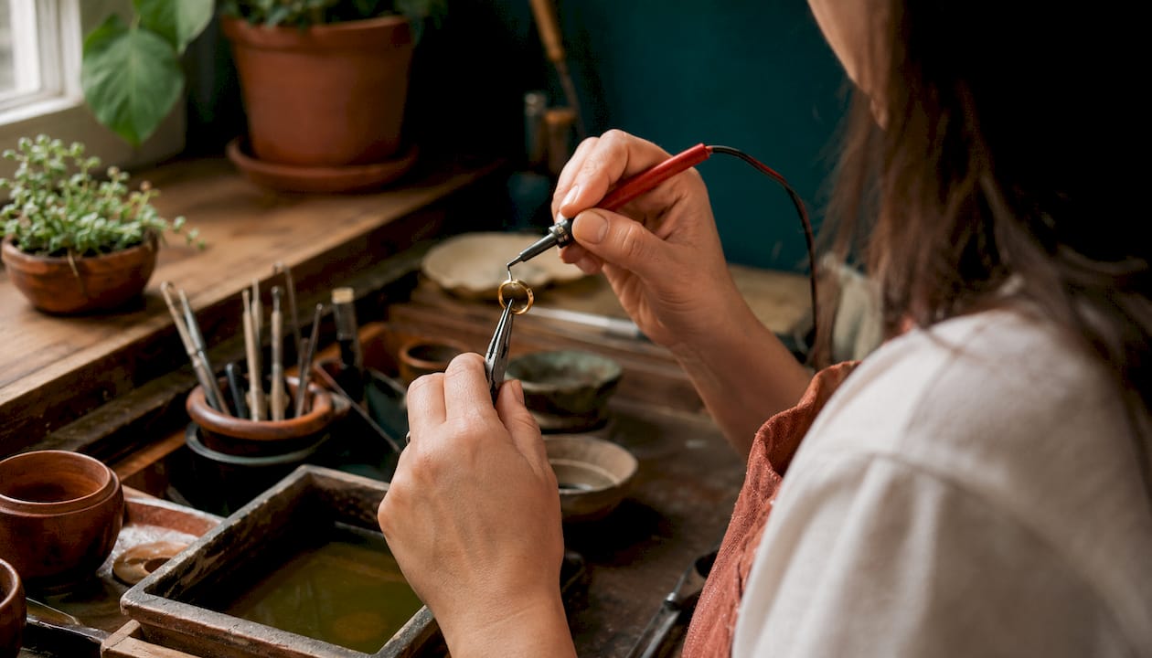 Jeweler applying gold plating to ring up close