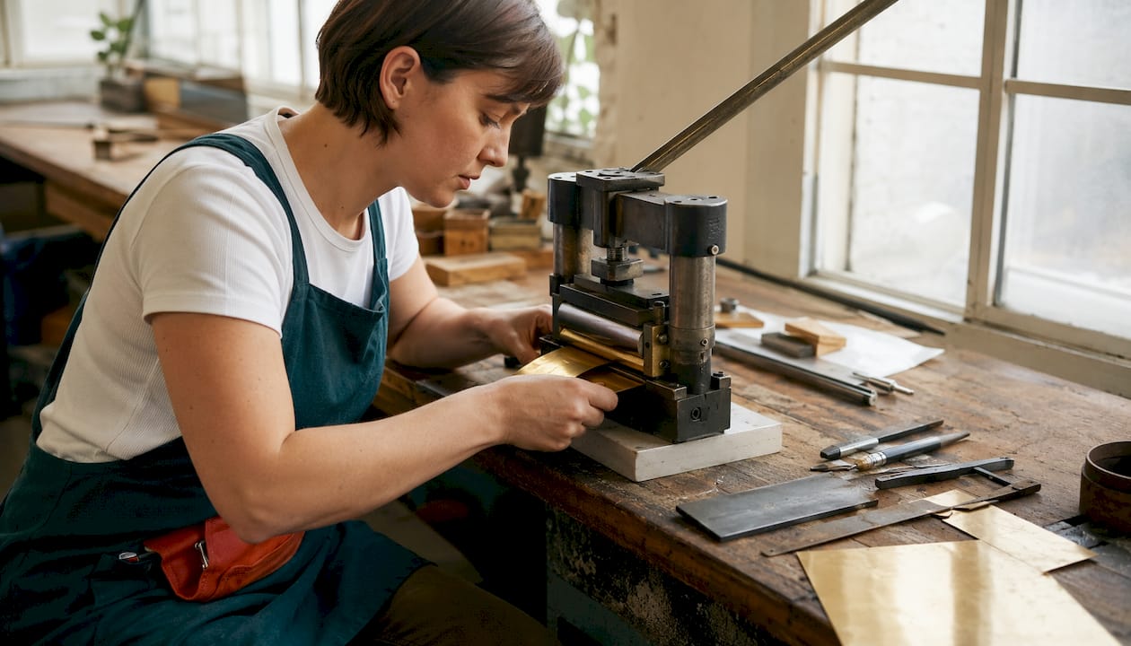 Technician bonding gold sheet to jewelry core