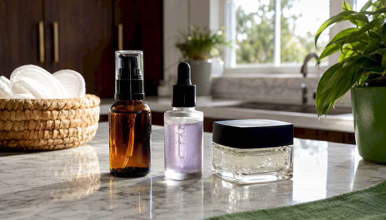 Varied hyaluronic acid serum bottles on wooden table