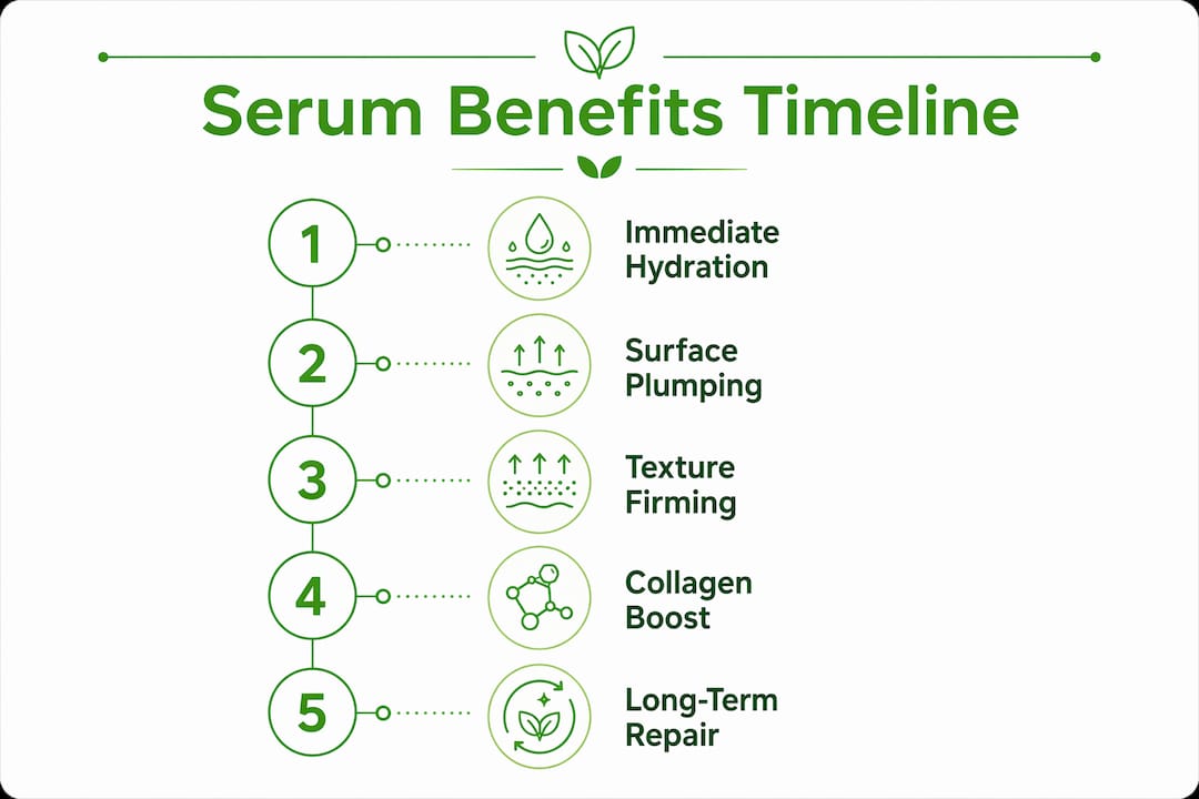 Infographic illustrating anti-aging serum benefits over time