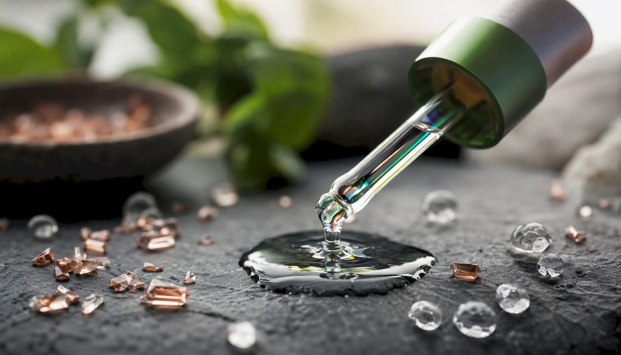 Close-up of serum dropper with copper peptides and HA