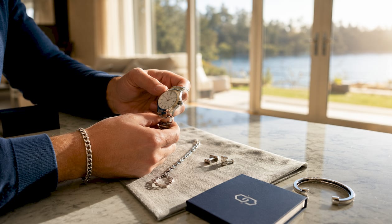 Close-up of hands holding silver watch on jewelry box