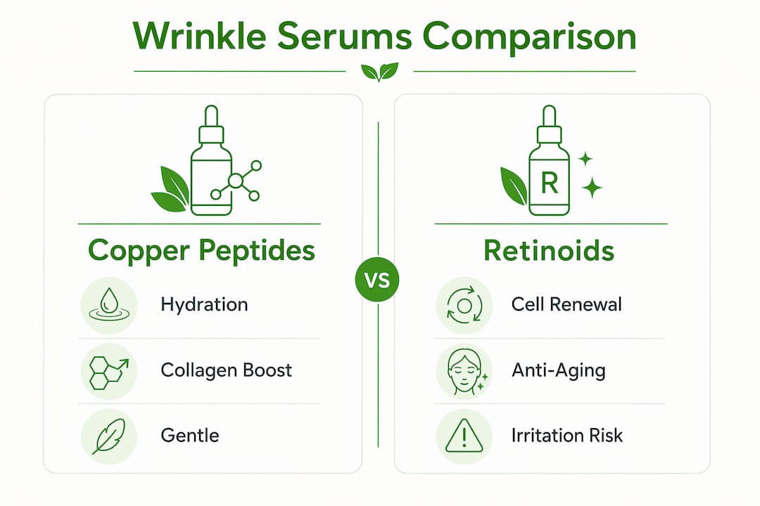 Infographic comparing copper peptides and retinoids wrinkle serums