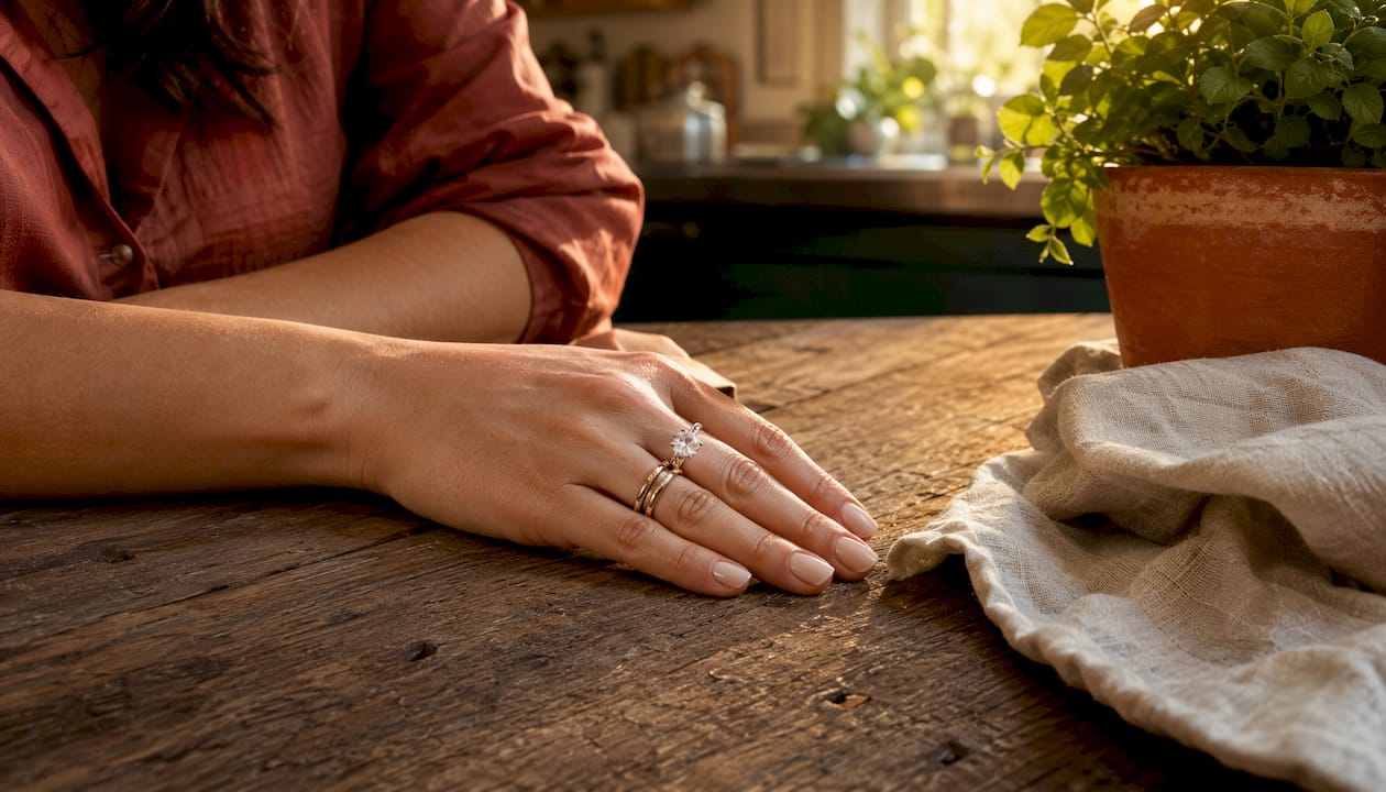 Close-up of hand with solitaire and hammered ring stack