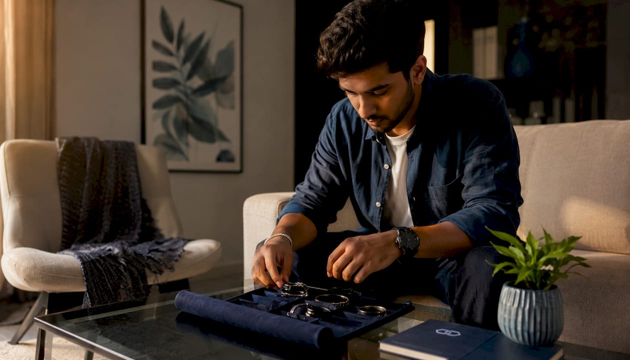 Man organizing men's jewellery in velvet roll
