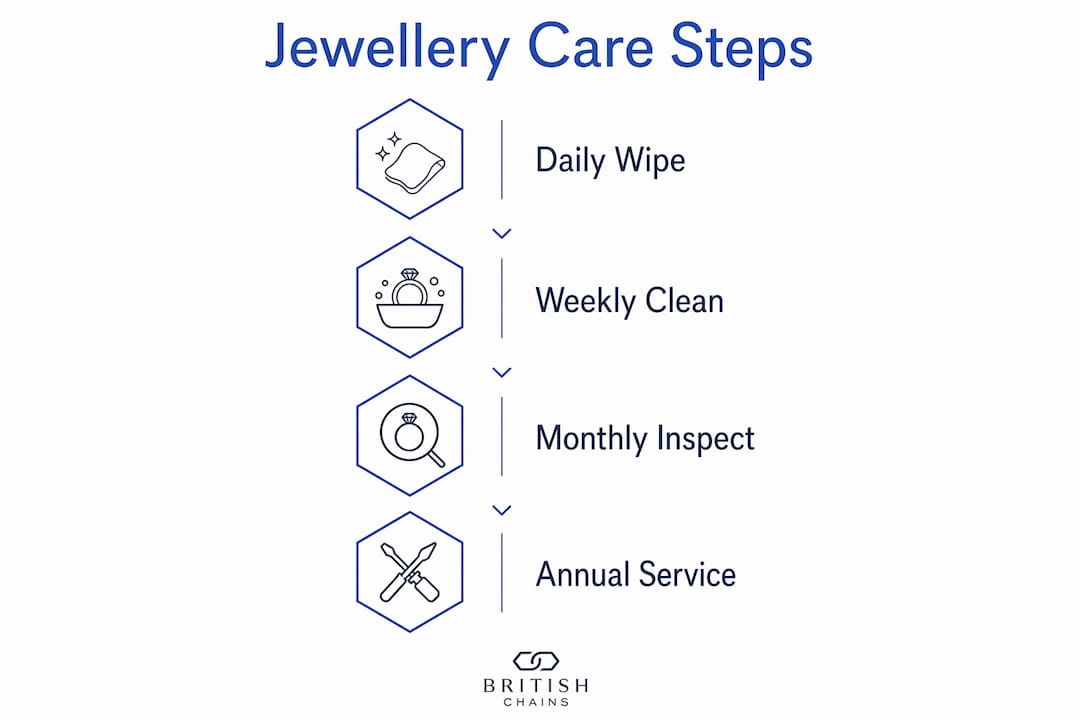 Infographic showing men's jewellery care routine steps