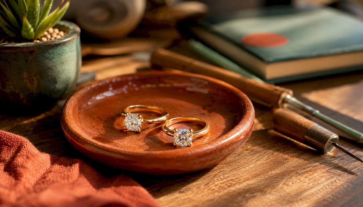Close-up of moissanite and cubic zirconia in gold settings