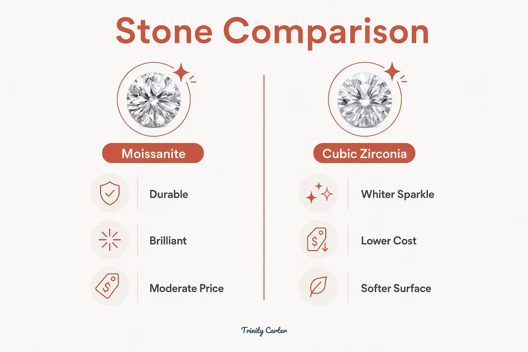 Infographic comparing moissanite and cubic zirconia features