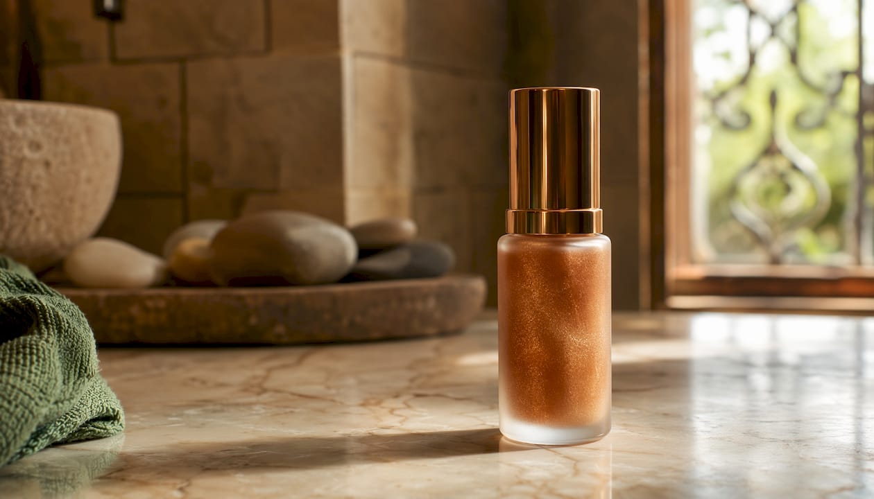 Close-up copper peptide serum bottle on vanity