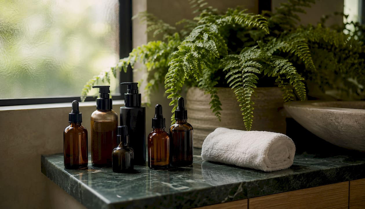 Assorted copper peptide serum bottles on vanity