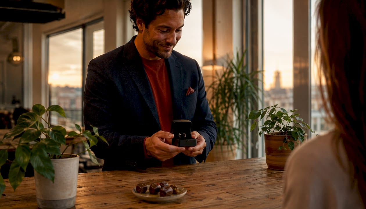 Man presenting micro-huggie earrings gift in office