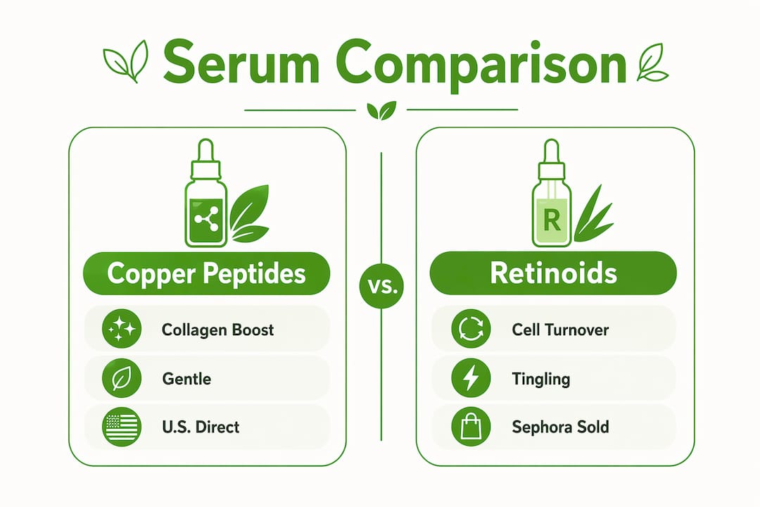 Infographic comparing copper peptides and retinoid serums for crepey skin