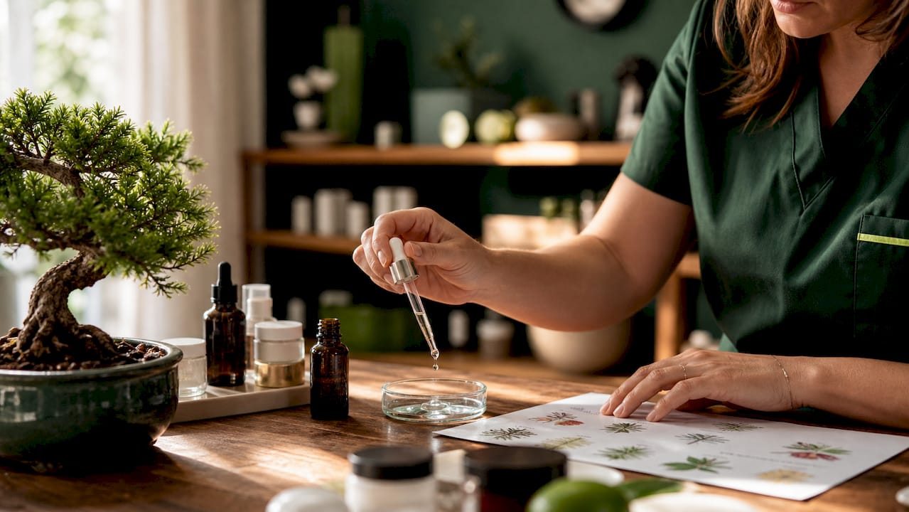 Dermatologist preparing skincare serums and ingredient sheet
