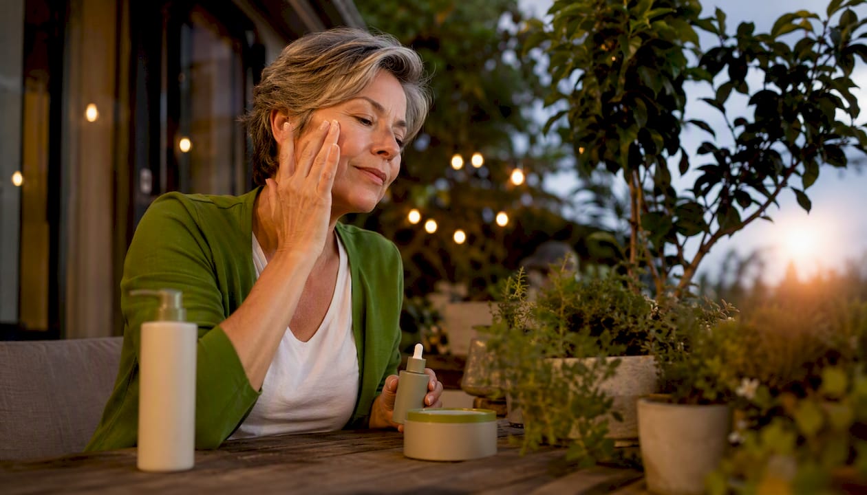 Woman applying retinoid serum at vanity