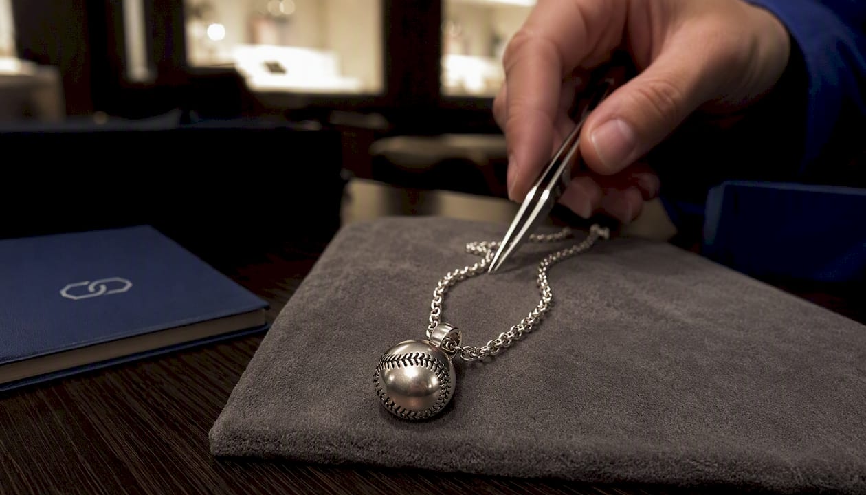 Close-up of sterling silver baseball chain necklace