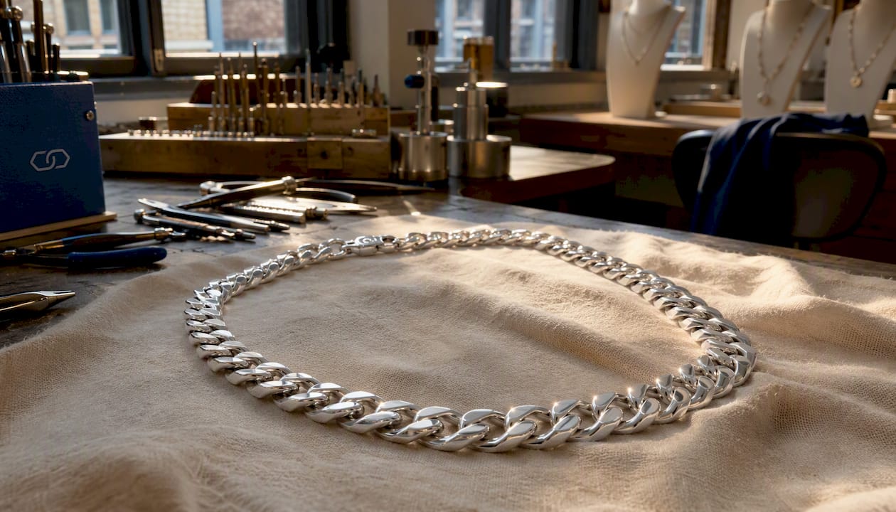 Close-up of chunky 12mm sterling silver curb chain