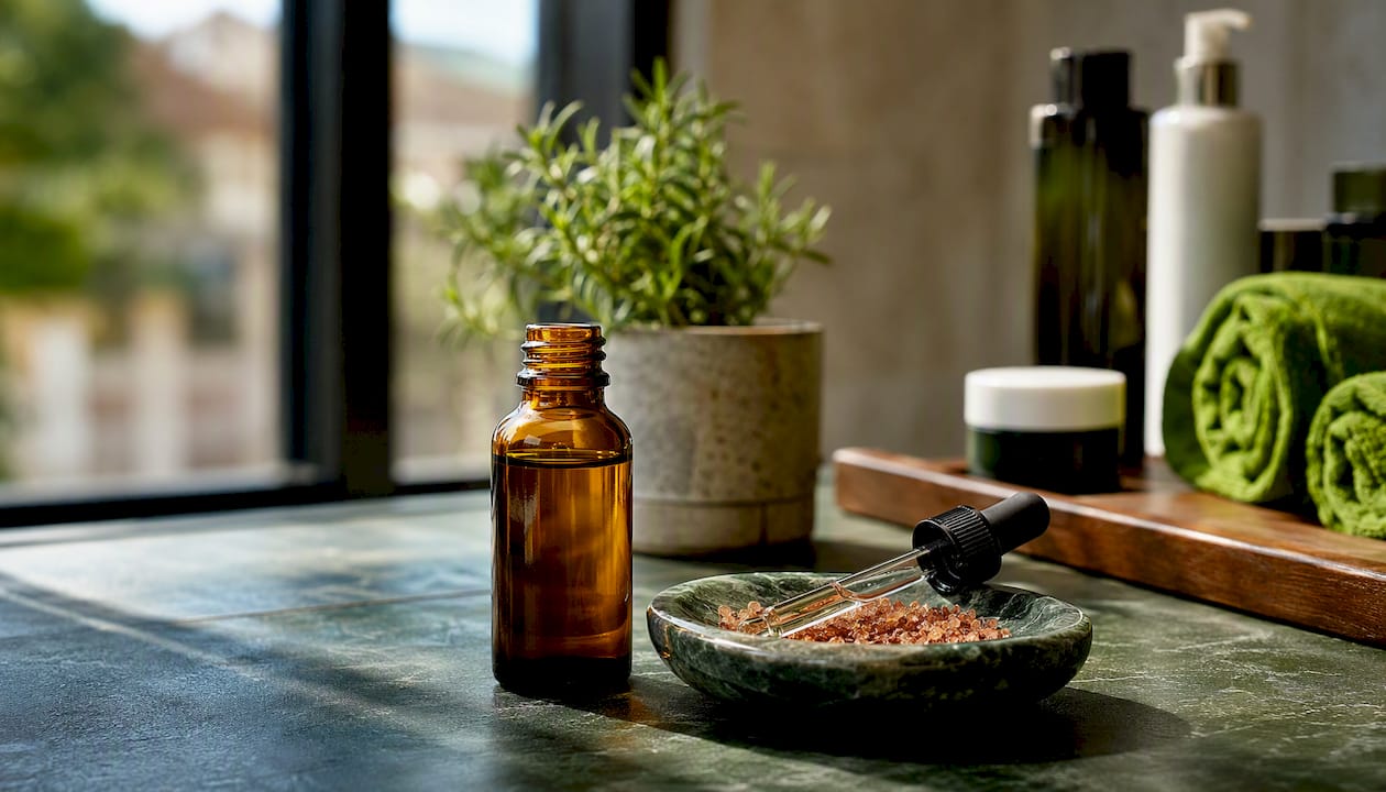 Close-up of peptide serum with copper peptide crystals