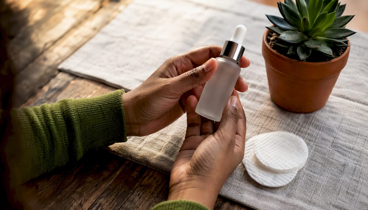 Hands holding copper peptide serum bottle on vanity