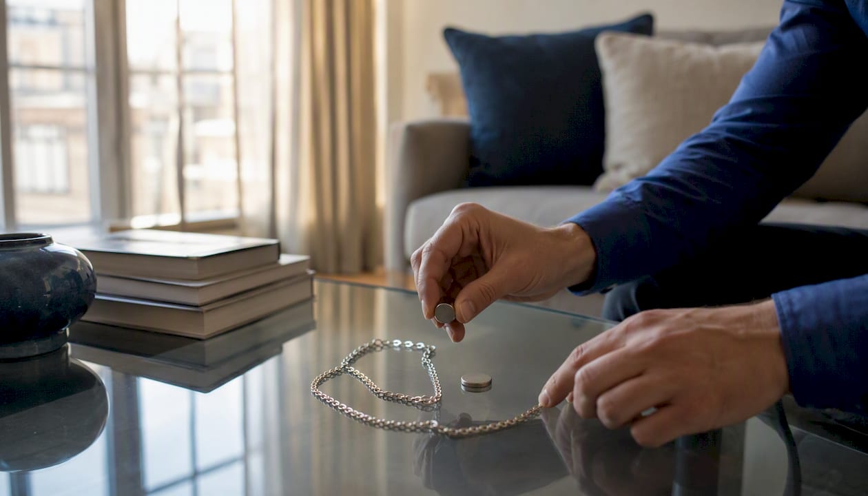 Hands testing silver necklace with magnet at home