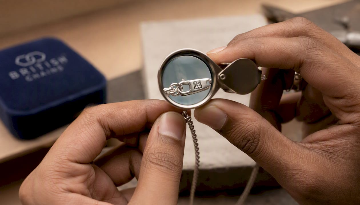 Hands viewing silver necklace hallmark through loupe