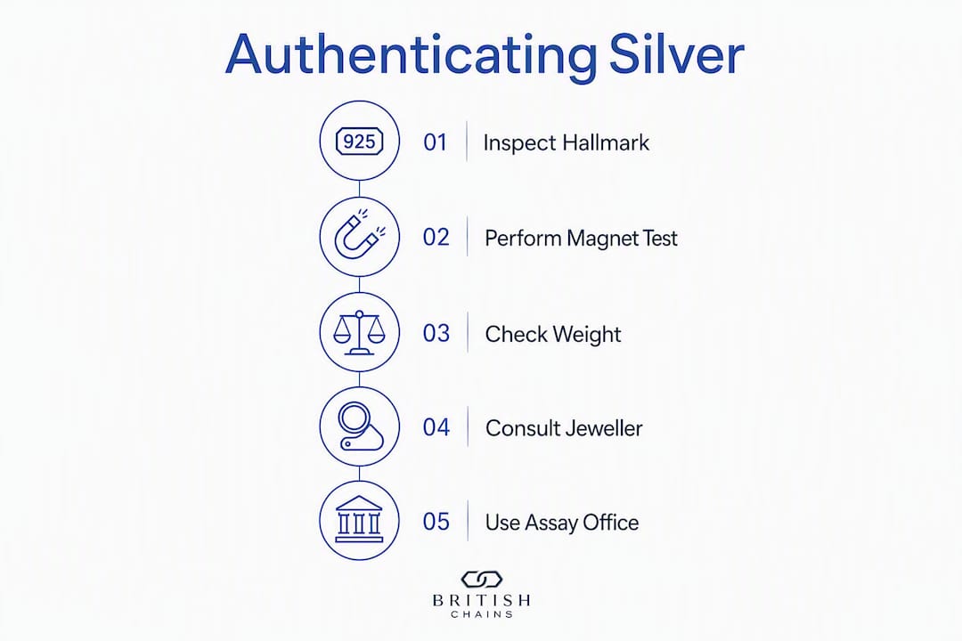 Infographic showing steps to authenticate silver necklace