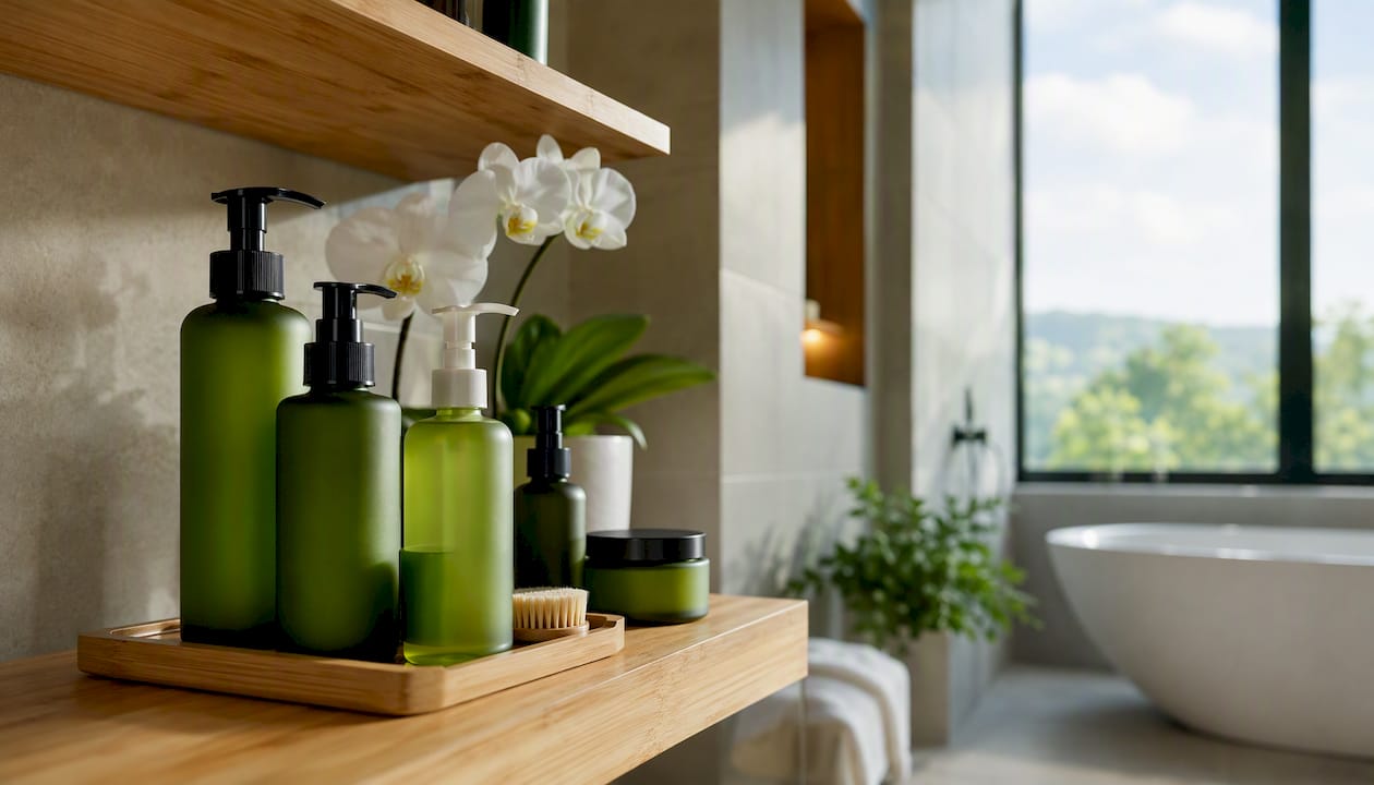 Skincare cleansers and moisturizers on bathroom shelf