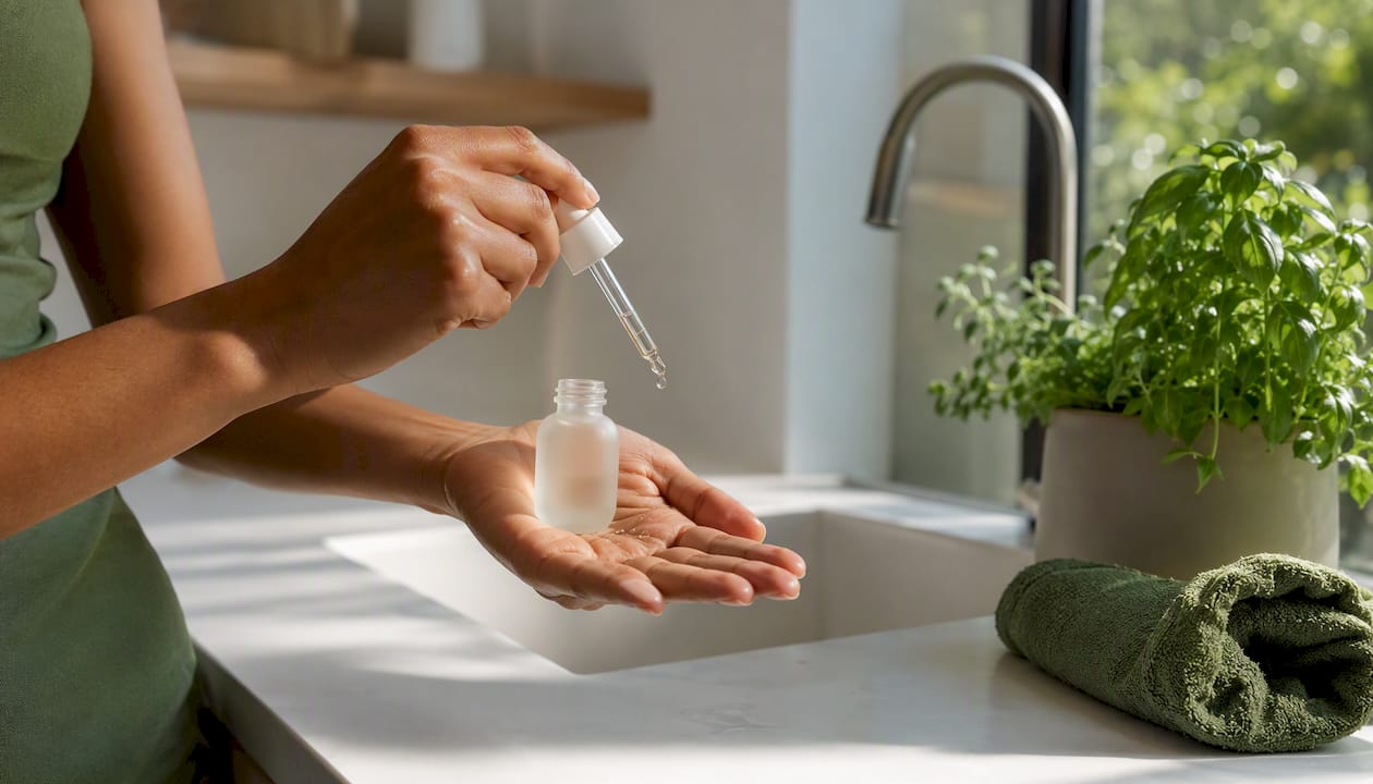 Close-up of hyaluronic acid serum application hands