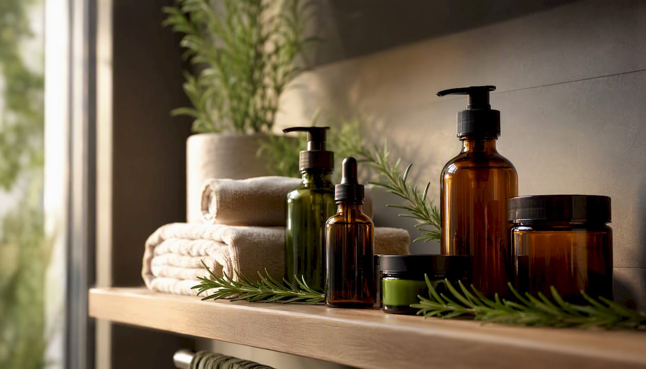 Skincare bottles on shelf with natural decor