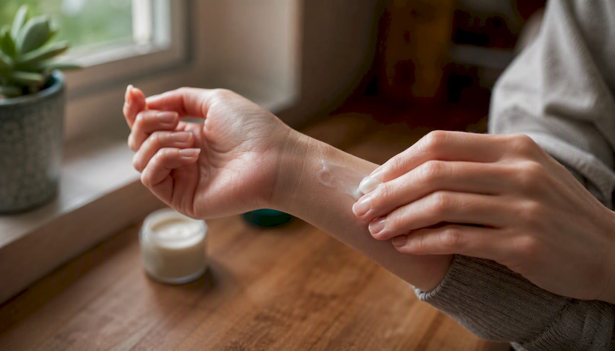 Hands applying moisturizer on forearm skin
