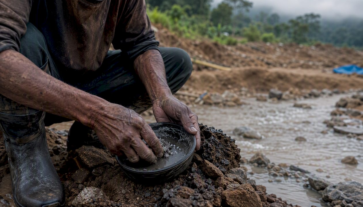Hands holding mercury-silver amalgam at artisanal mine