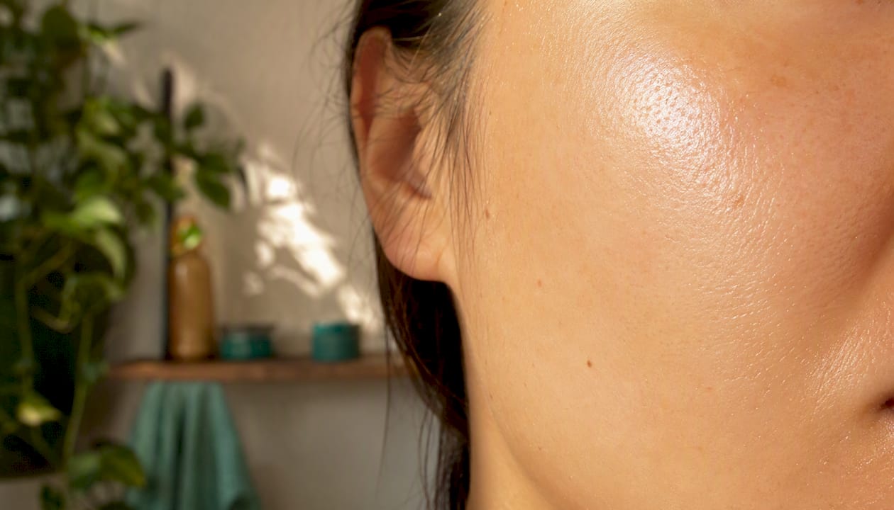 Close-up of hydrated facial skin texture