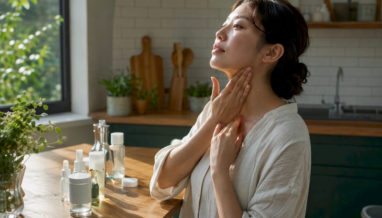 Hands layering serum on neck skin