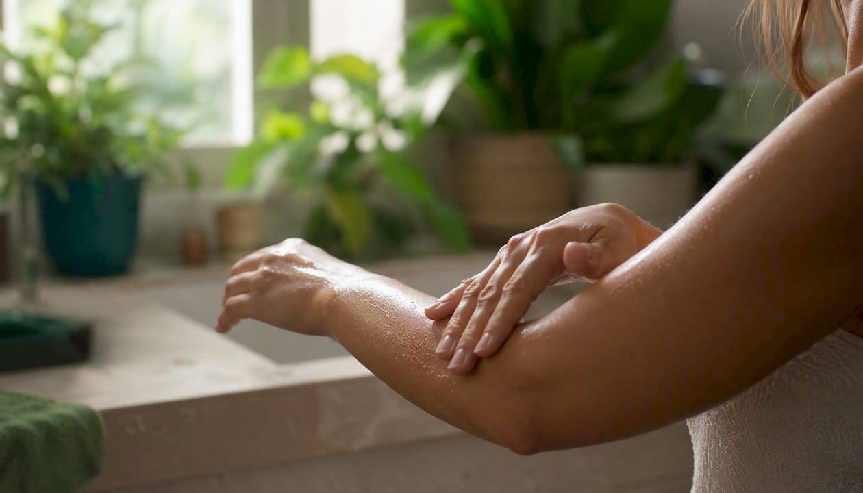 Hand touching hydrated forearm skin